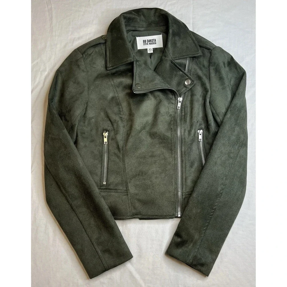 Steve Madden BB Dakota Faux Suede Moto Zipper Jacket Olive Green Women's Size XS - Picture 1 of 6